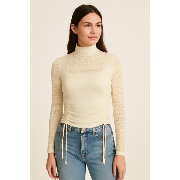 Listicle Open Knit Crochet Lace Up Tie Bow Cinch Mock Neck Top Size M - Picture 1 of 15